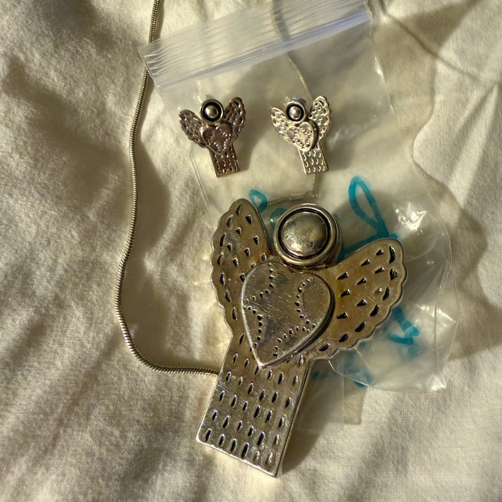 Silver Angel Pendant Necklace and Earrings Set